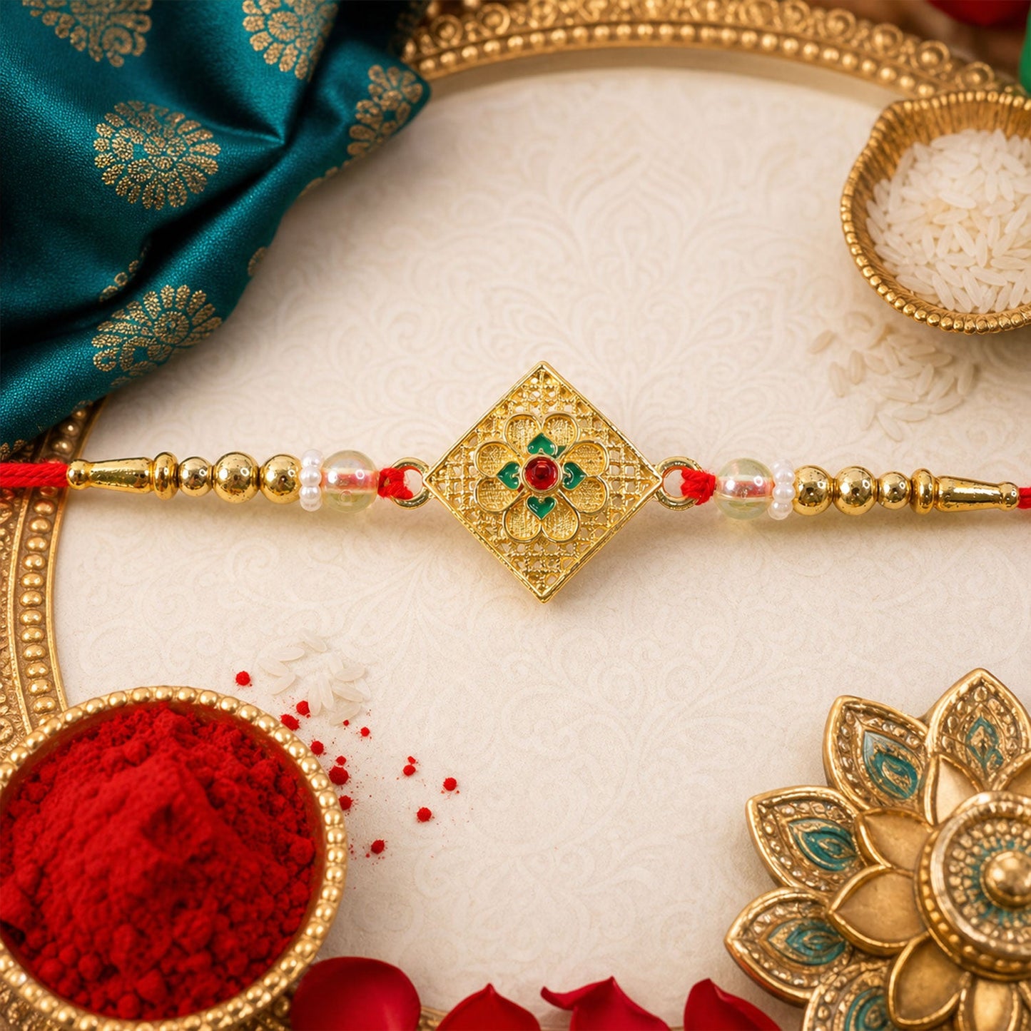 Floral Stone Designer Rakhi with Beaded Traditional Detailing