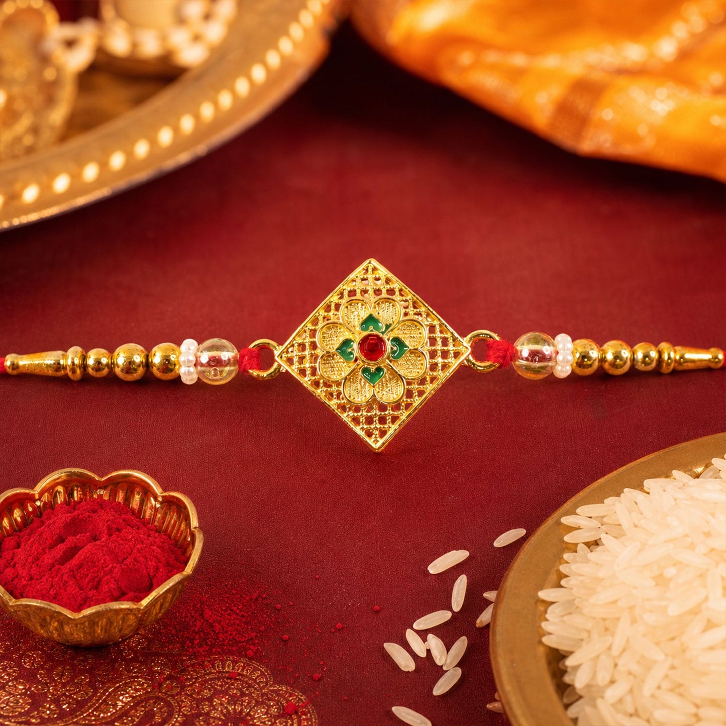 Floral Stone Designer Rakhi with Beaded Traditional Detailing