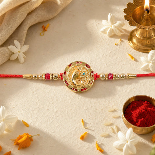 A gold Ganesha medallion with red and gold beads on a red thread, surrounded by white flowers and a small bowl of red powder.