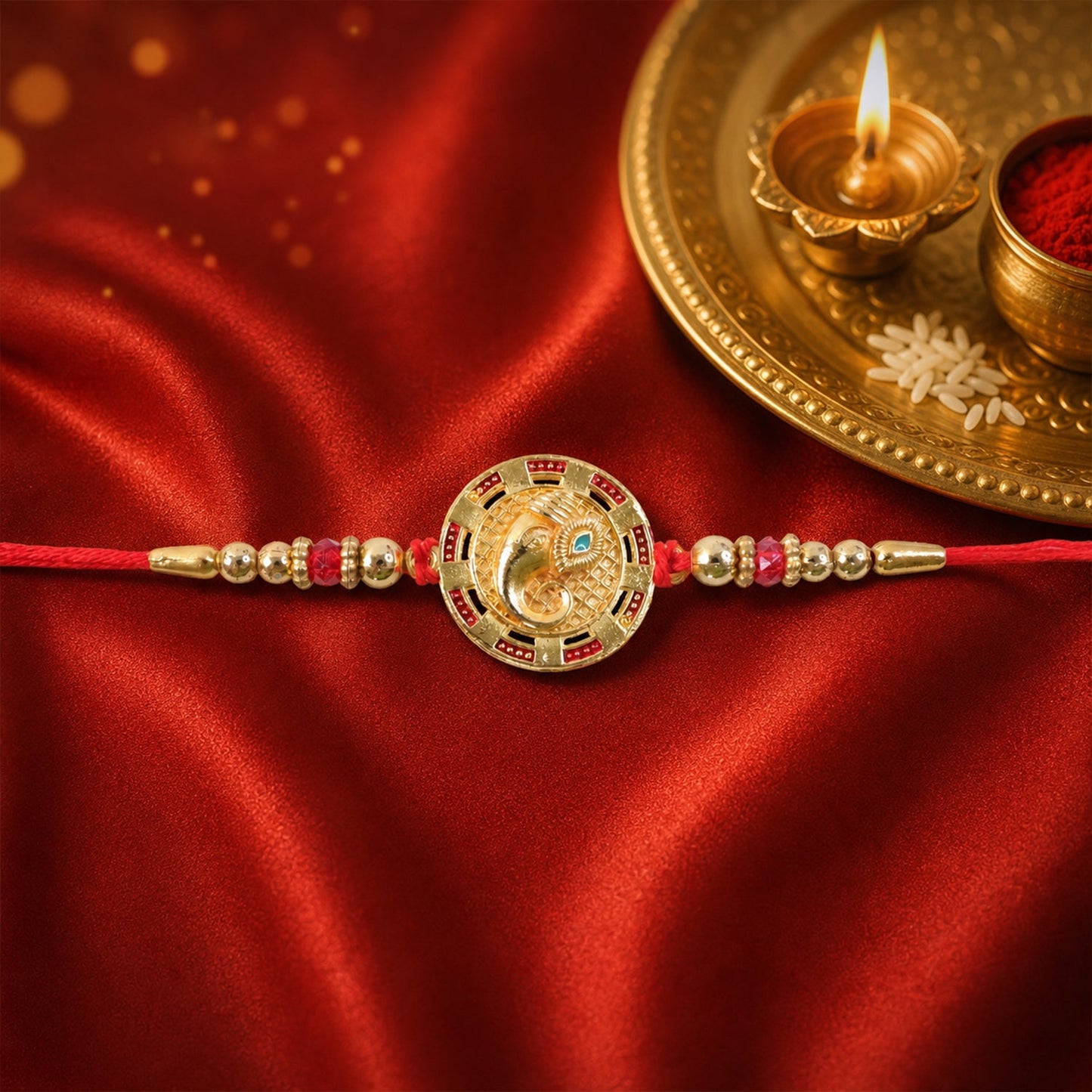 Round Ganesha Kundan Designer Rakhi with Beaded Festive Detail Pattern