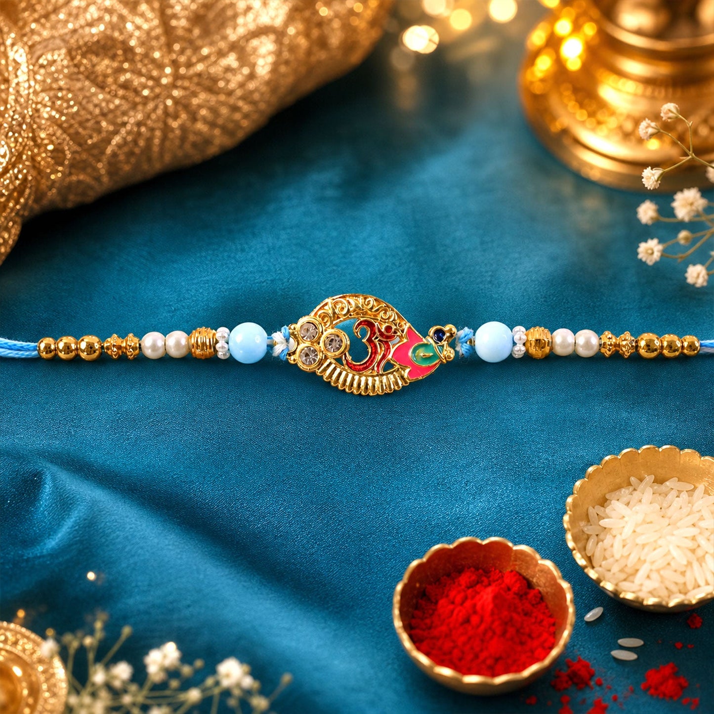 Om Motif Designer Rakhi with Pearl Beaded Traditional Detail