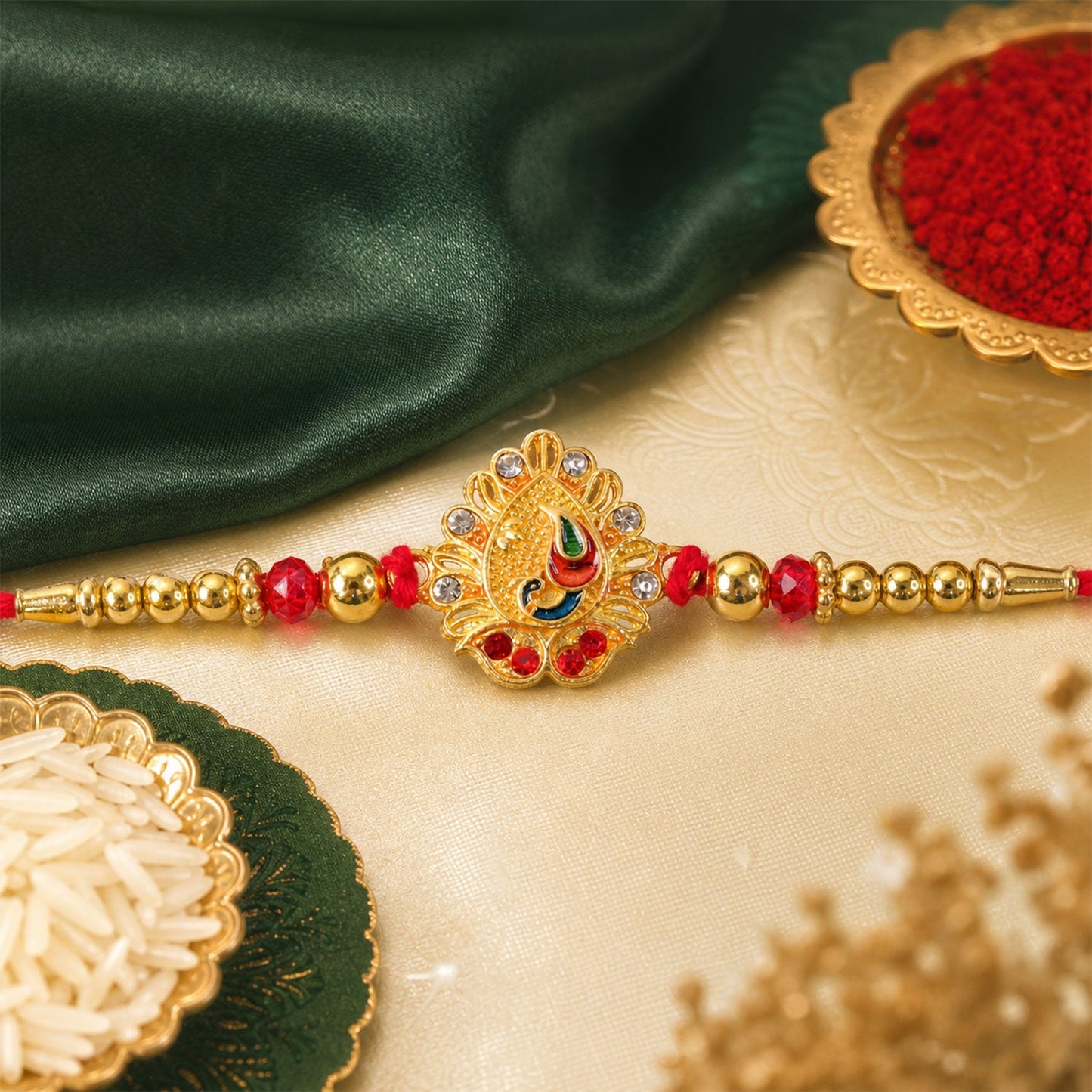 Peacock Kundan Designer Rakhi with Stone Beaded Festive Detail