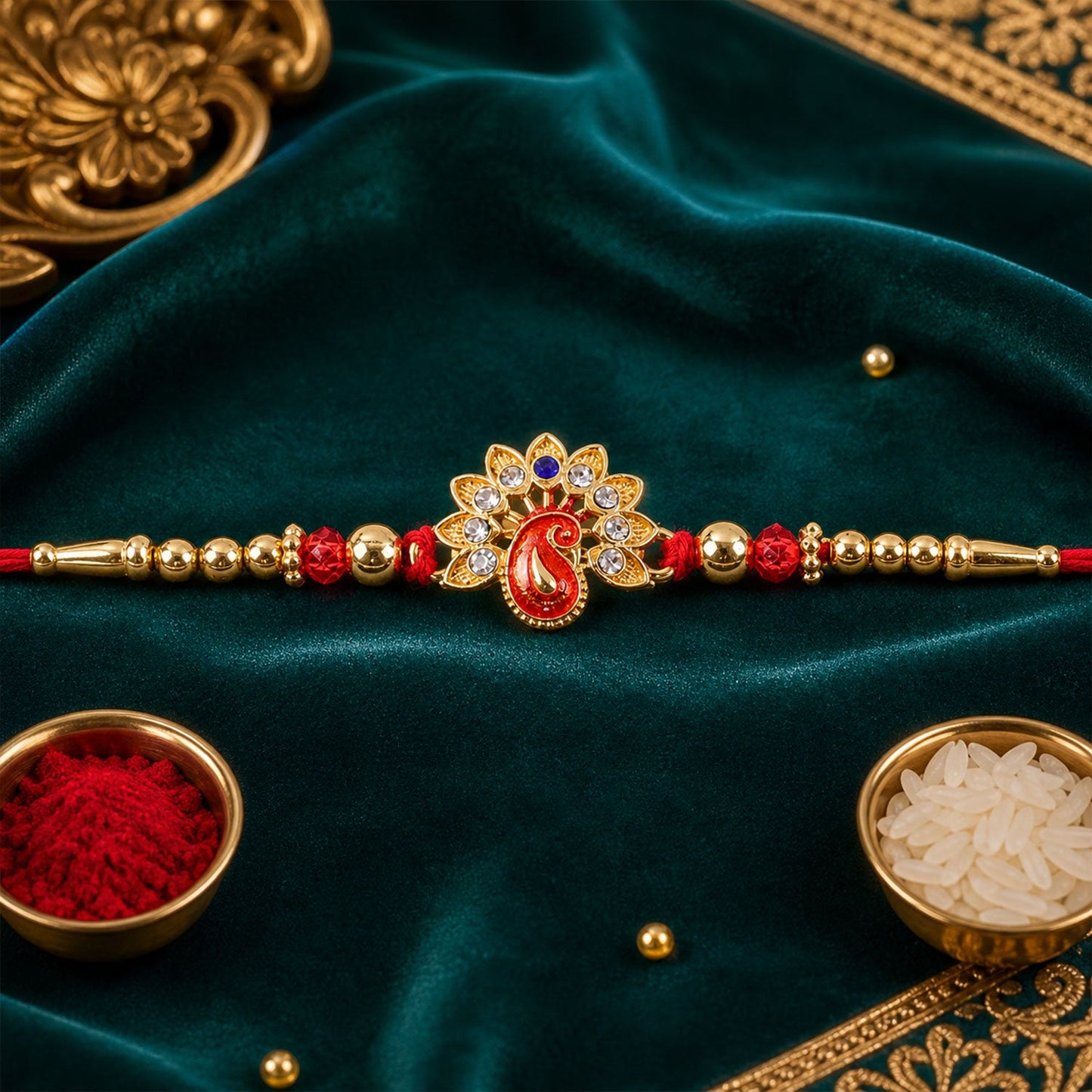 Peacock Motif Designer Rakhi with Stone Beaded Festive Detail