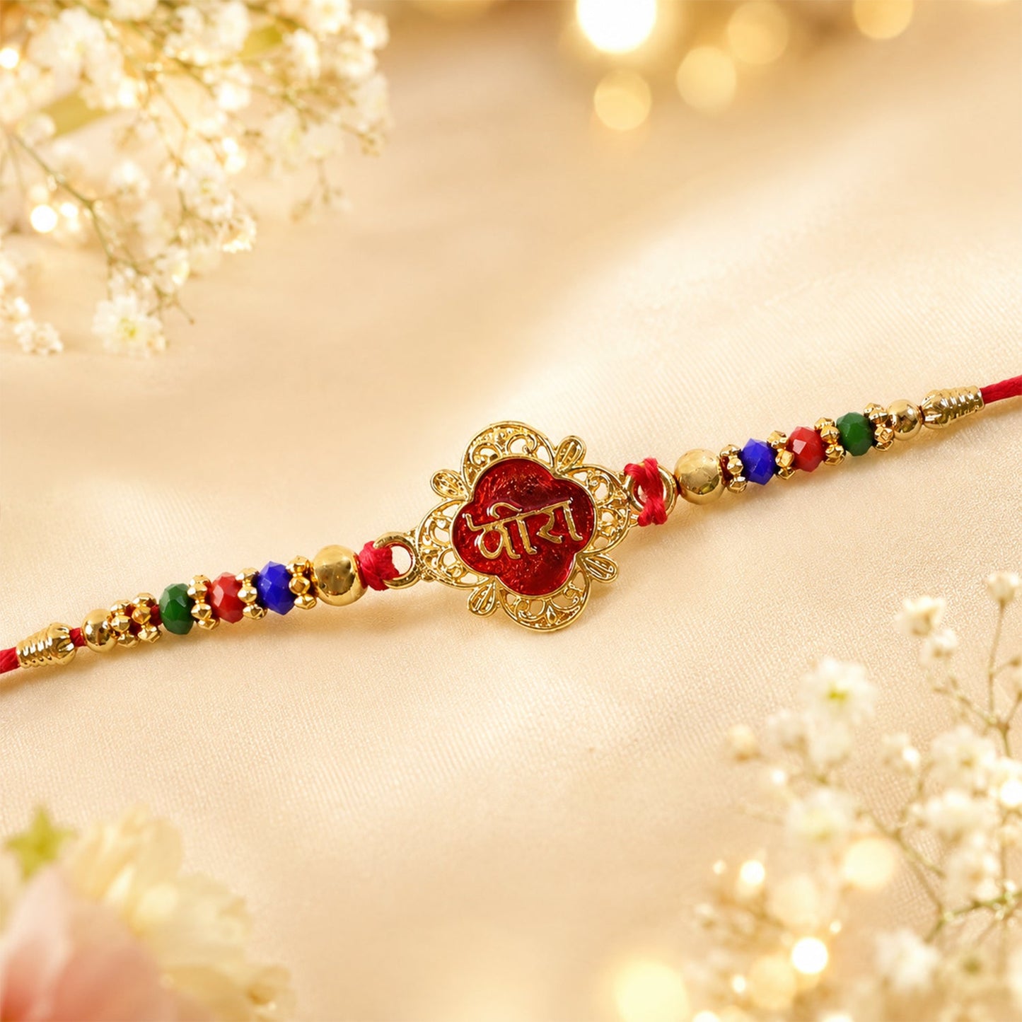 Veera Text Designer Rakhi with Pearl Beaded Traditional Detail