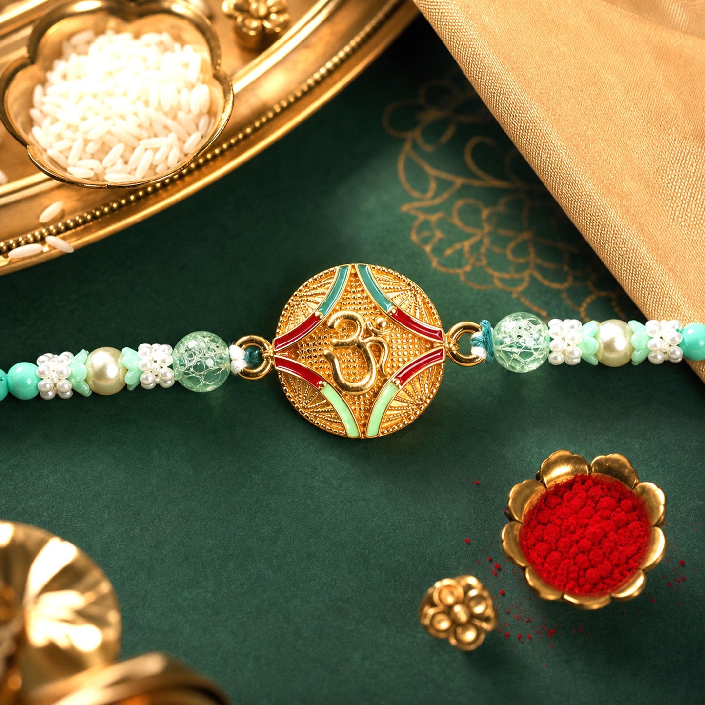 Om Kundan Designer Rakhi with Pearl Beaded Traditional Detail