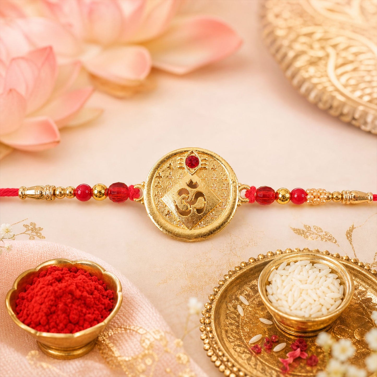 Round Om Coin Designer Rakhi with Stone Beaded Festive Detail