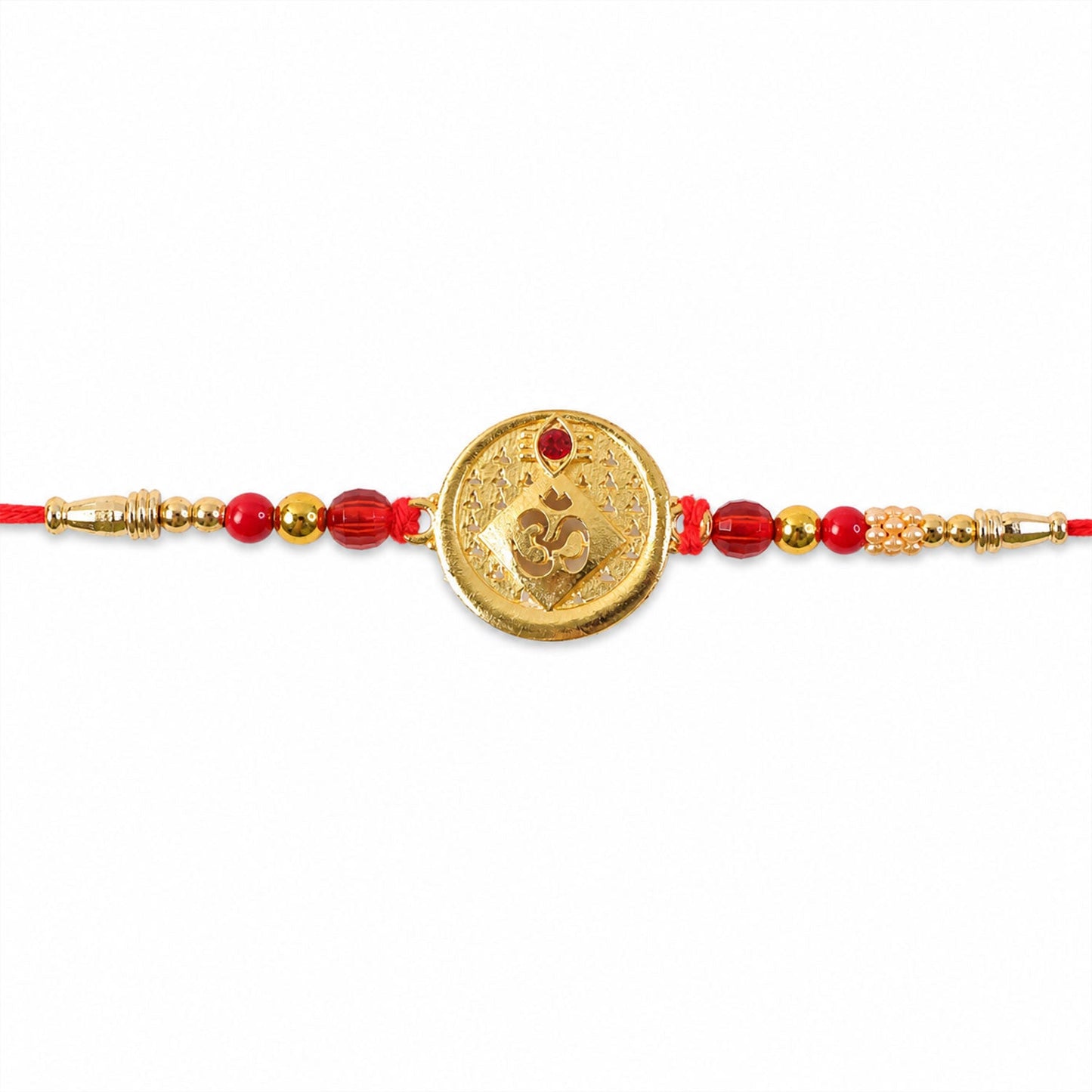 Round Om Coin Designer Rakhi with Stone Beaded Festive Detail