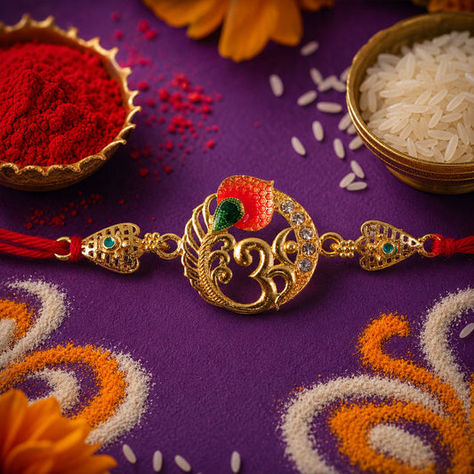 A gold Om peacock design with red and green enamel, clear beads, and a red string, on a purple surface with scattered rice
