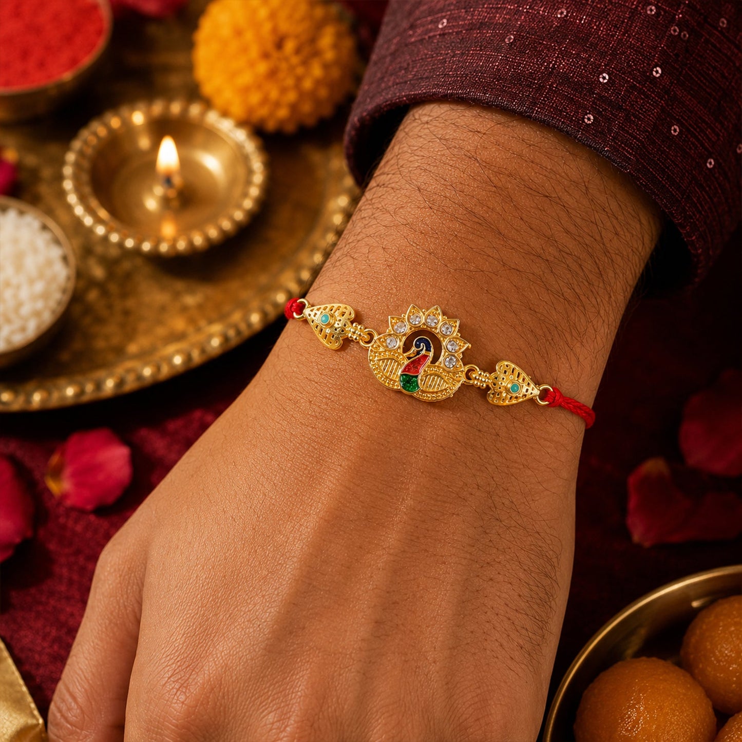 Peacock Kundan Designer Rakhi with Pearl Beaded Traditional Detail