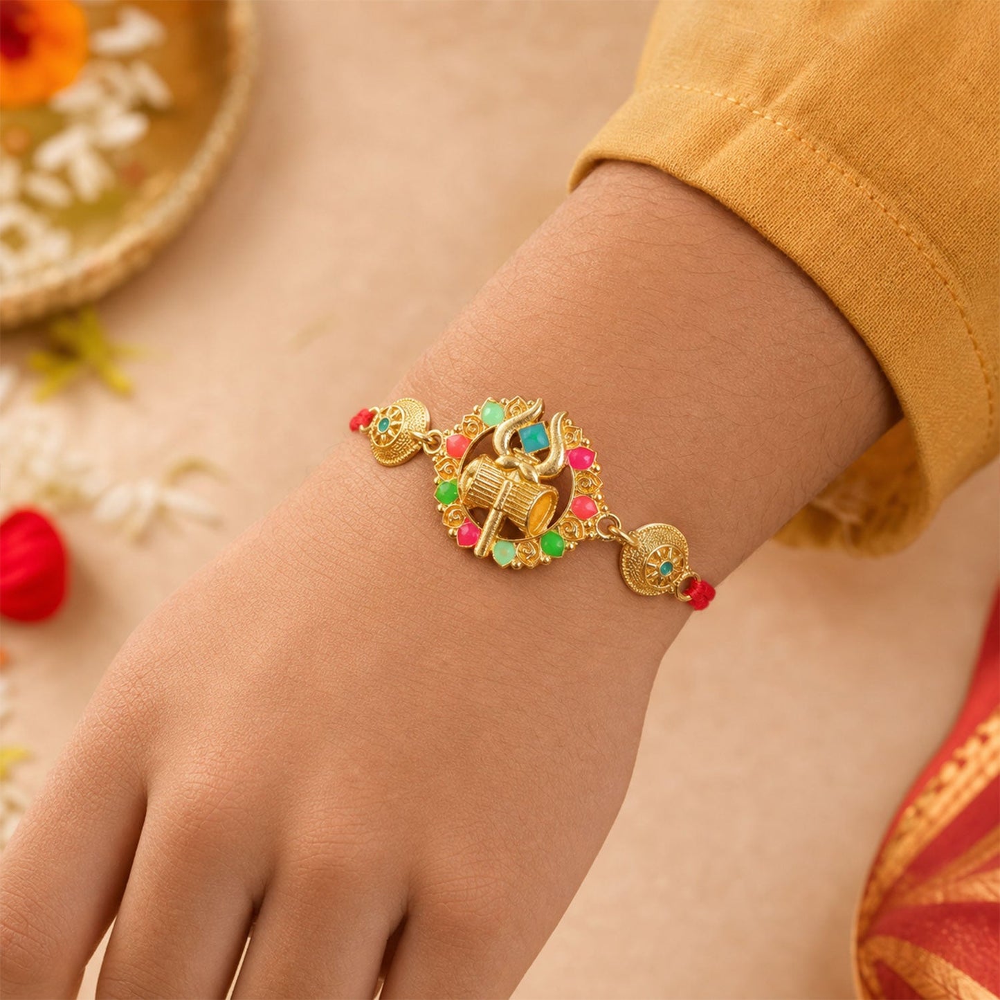Golden Shiv Trishul Damru Meenakari Stone Designer Traditional Rakhi