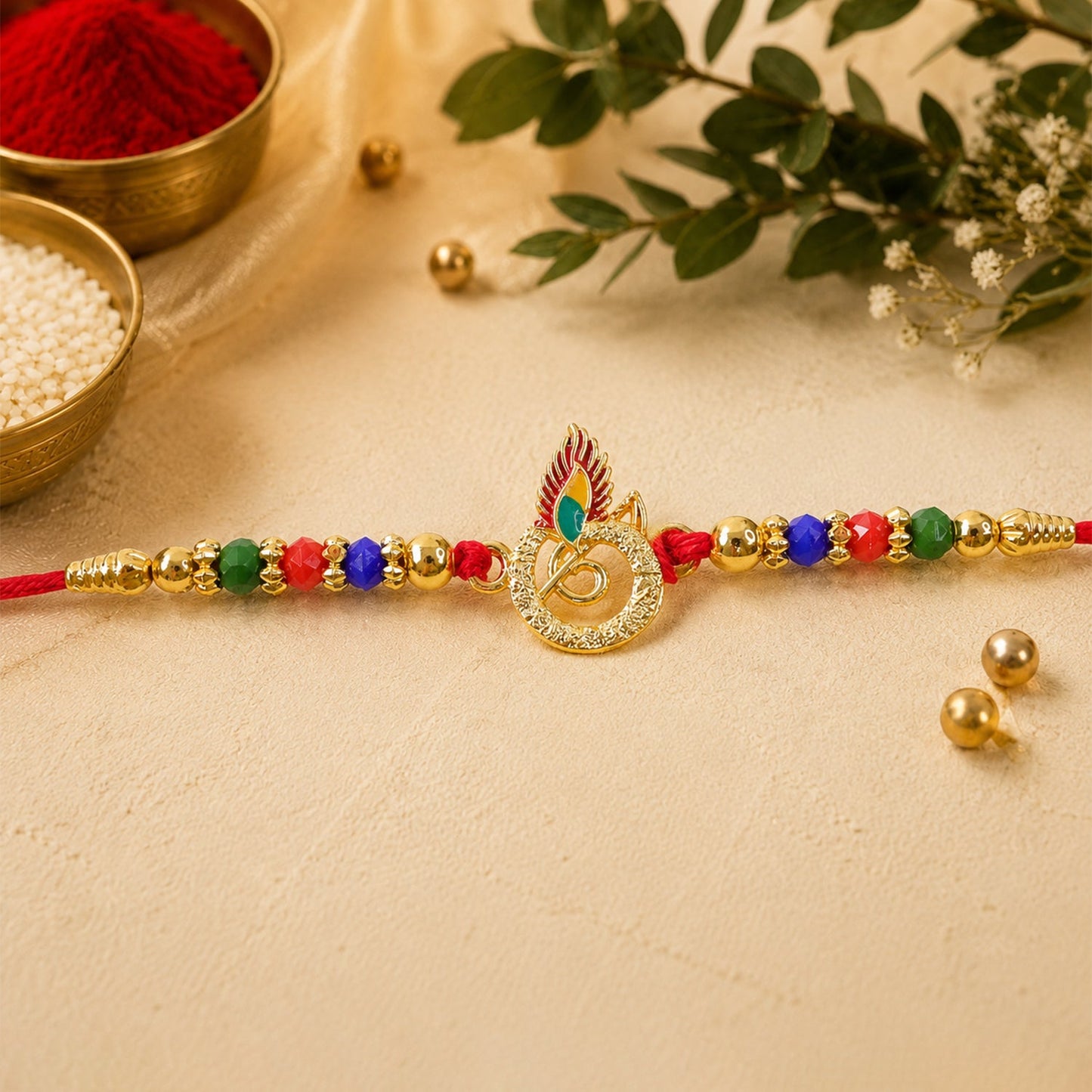 Peacock Feather Designer Rakhi with Beaded Festive Detailing Style