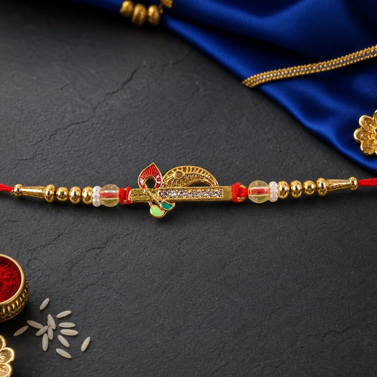 Peacock Leaf Kundan Beaded Elegant Designer Rakhi for Brother