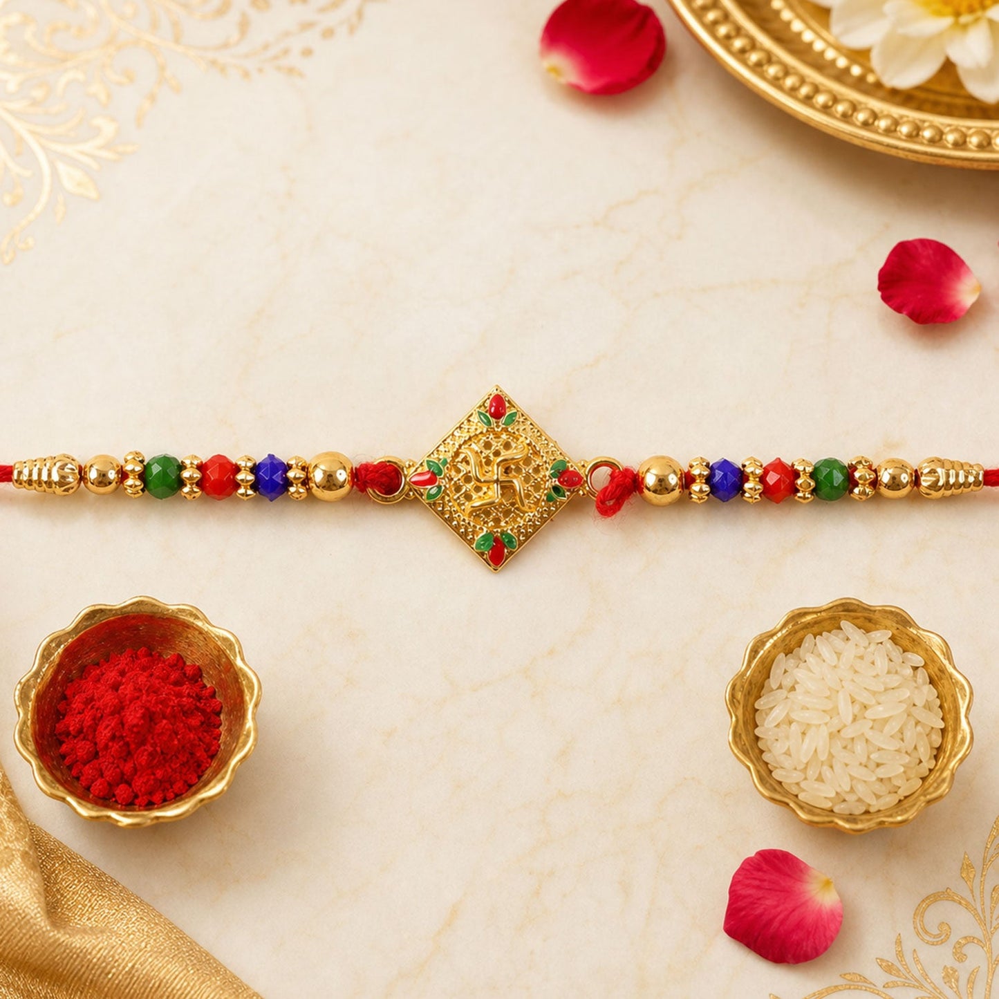 Swastik Motif Beaded Rakhi Traditional Pattern Raksha Bandhan Gift