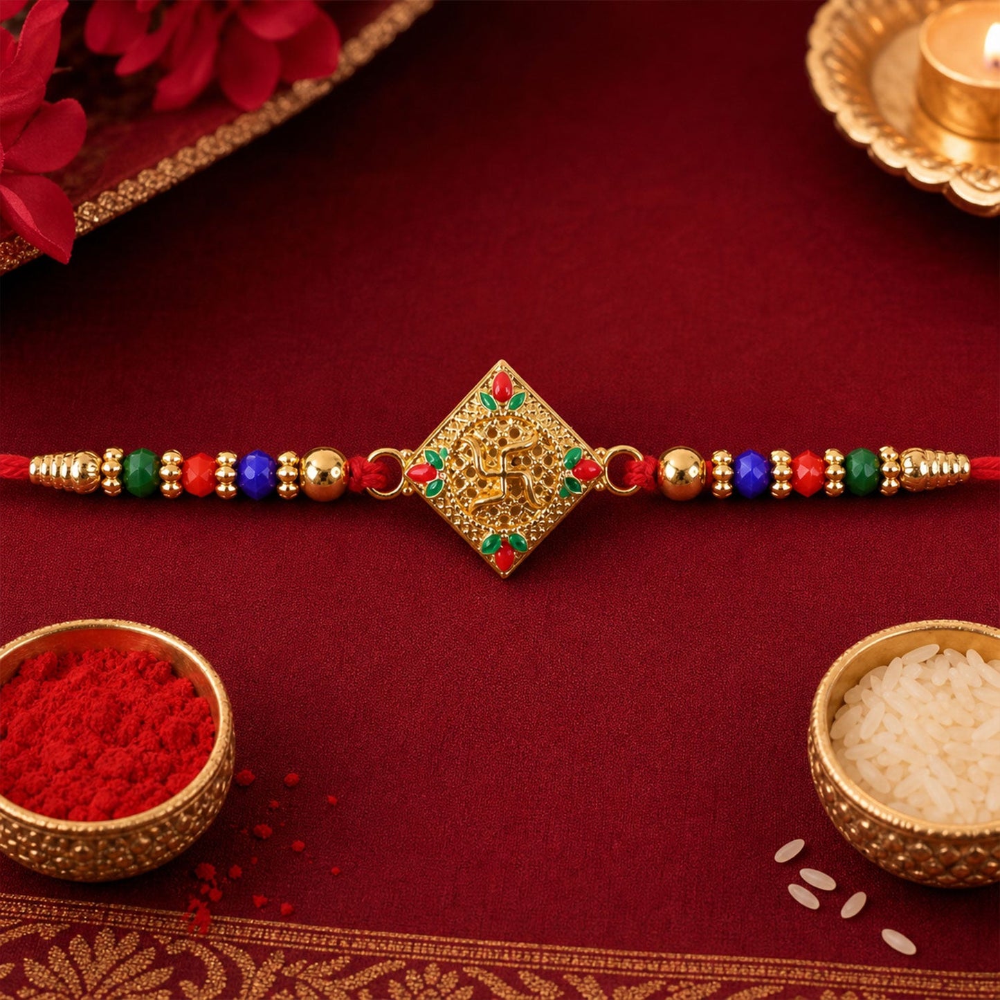 Swastik Motif Beaded Rakhi Traditional Pattern Raksha Bandhan Gift