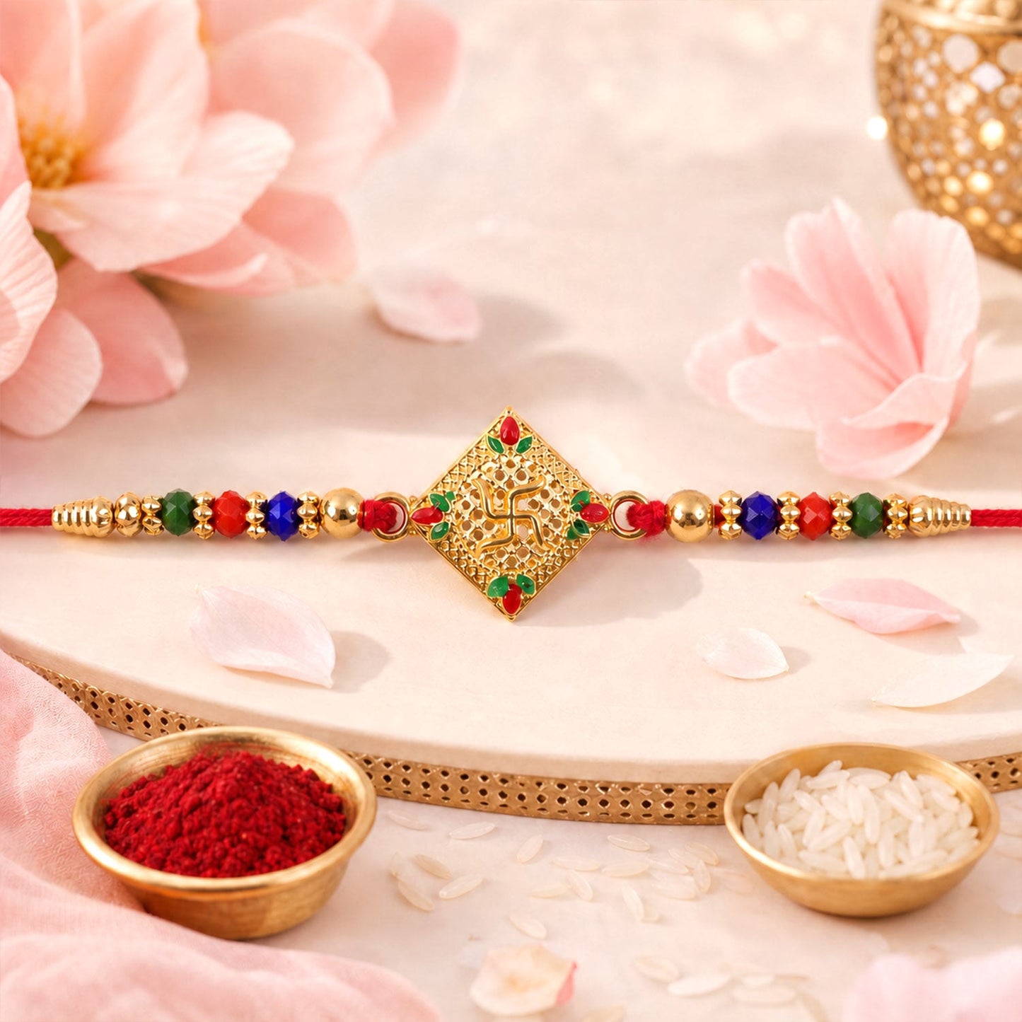 Swastik Motif Beaded Rakhi Traditional Pattern Raksha Bandhan Gift