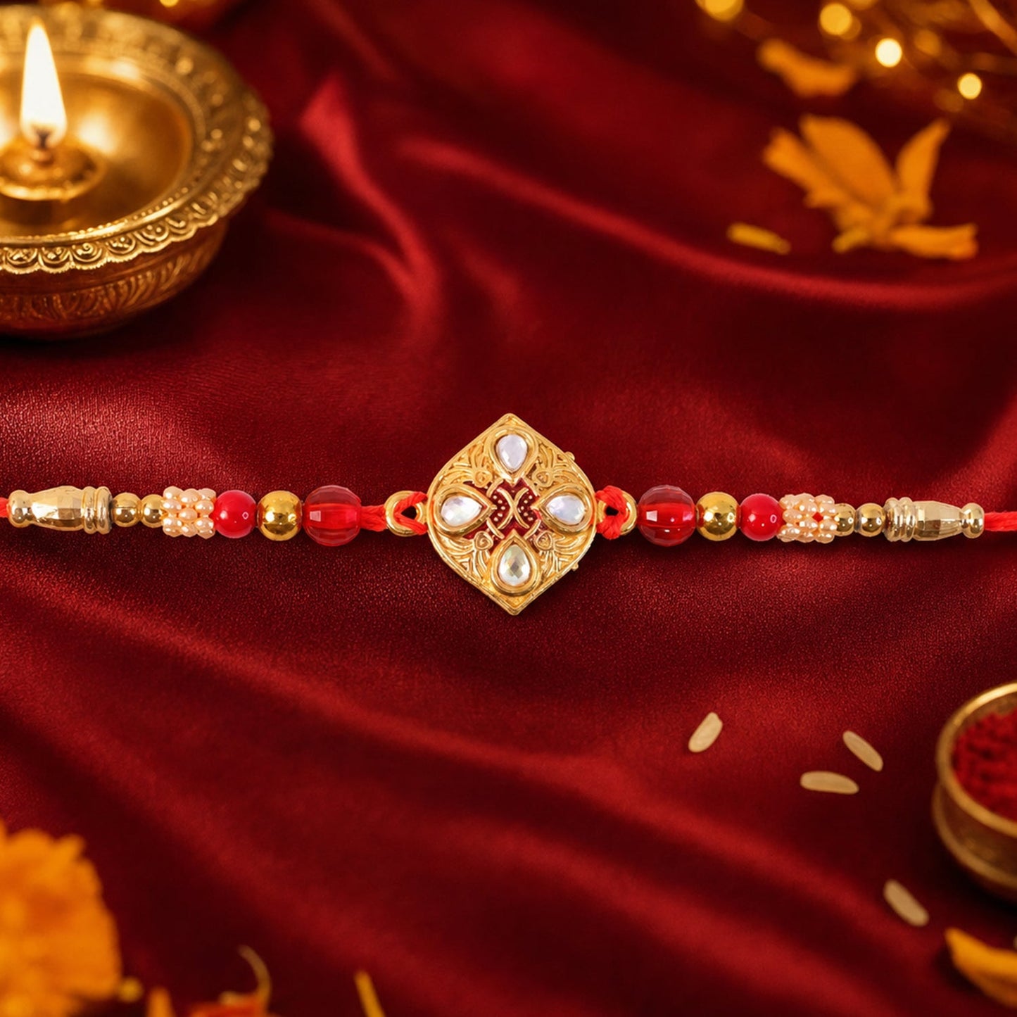 Floral Diamond Kundan Beaded Classic Stone Work Designer Rakhi