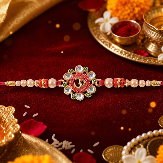 A red thread with an Om motif in the center, surrounded by clear and green beads, rests on a red velvet cloth with scattered