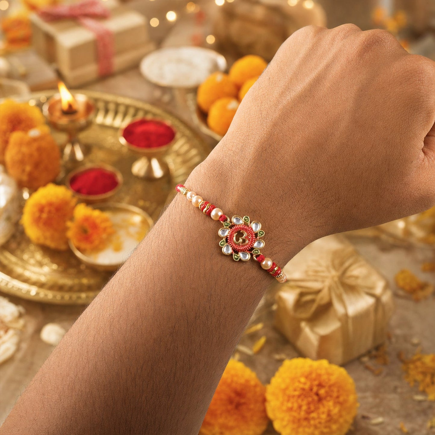 Premium Om Motif Rakhi with Decorative Beads for Brother