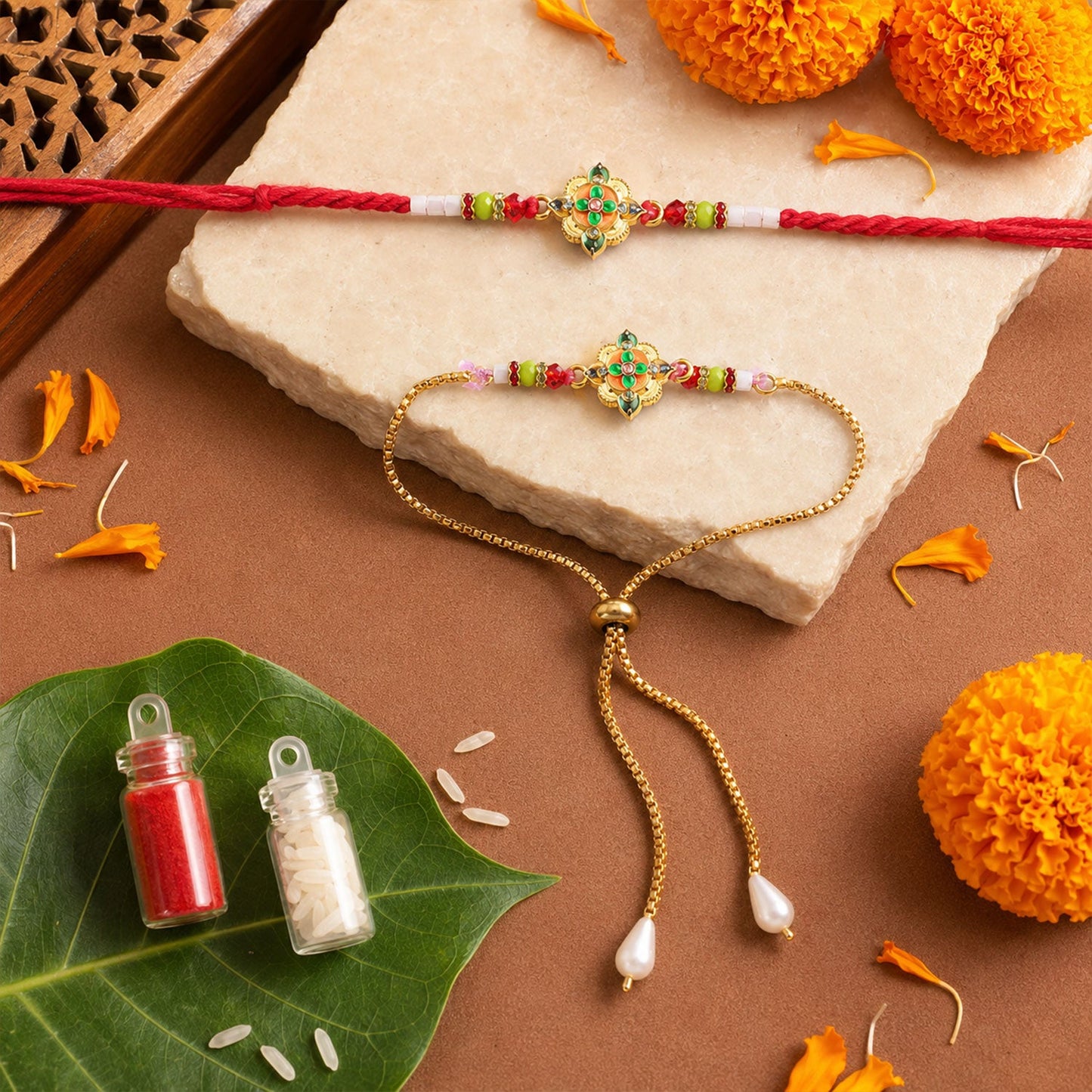 Premium Lumba Floral Stone Beaded Pair Rakhi Raksha Bandhan Gift