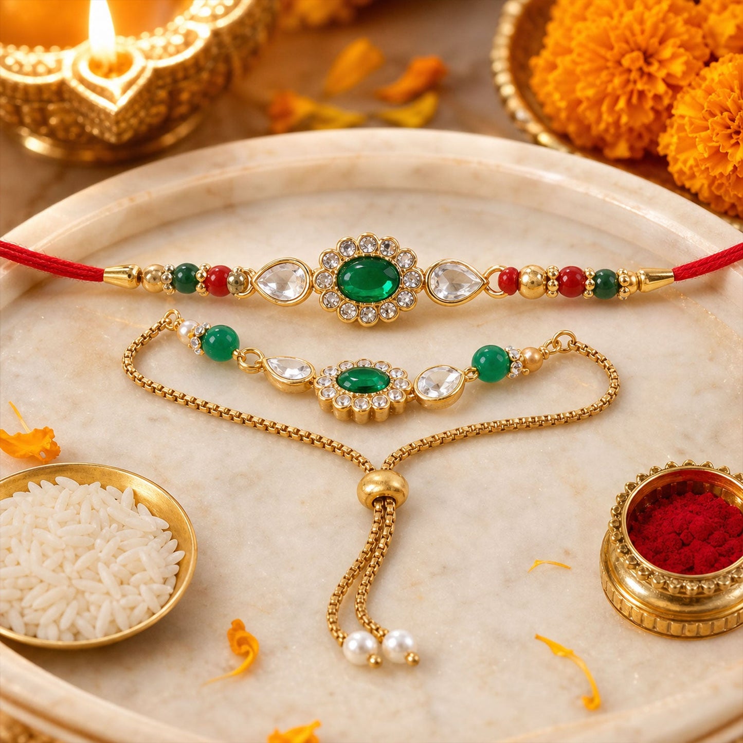 Premium Lumba Oval Stone Beaded Pair Pattern Traditional Rakhi