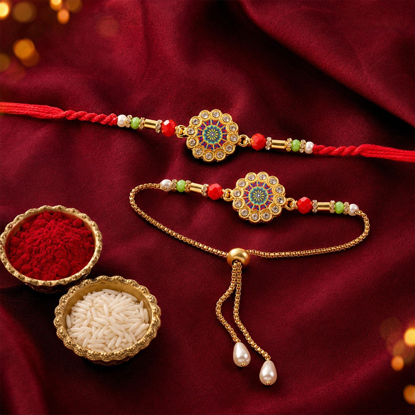 Premium Lumba Round Floral Beaded Pair Design Work Brother Rakhi