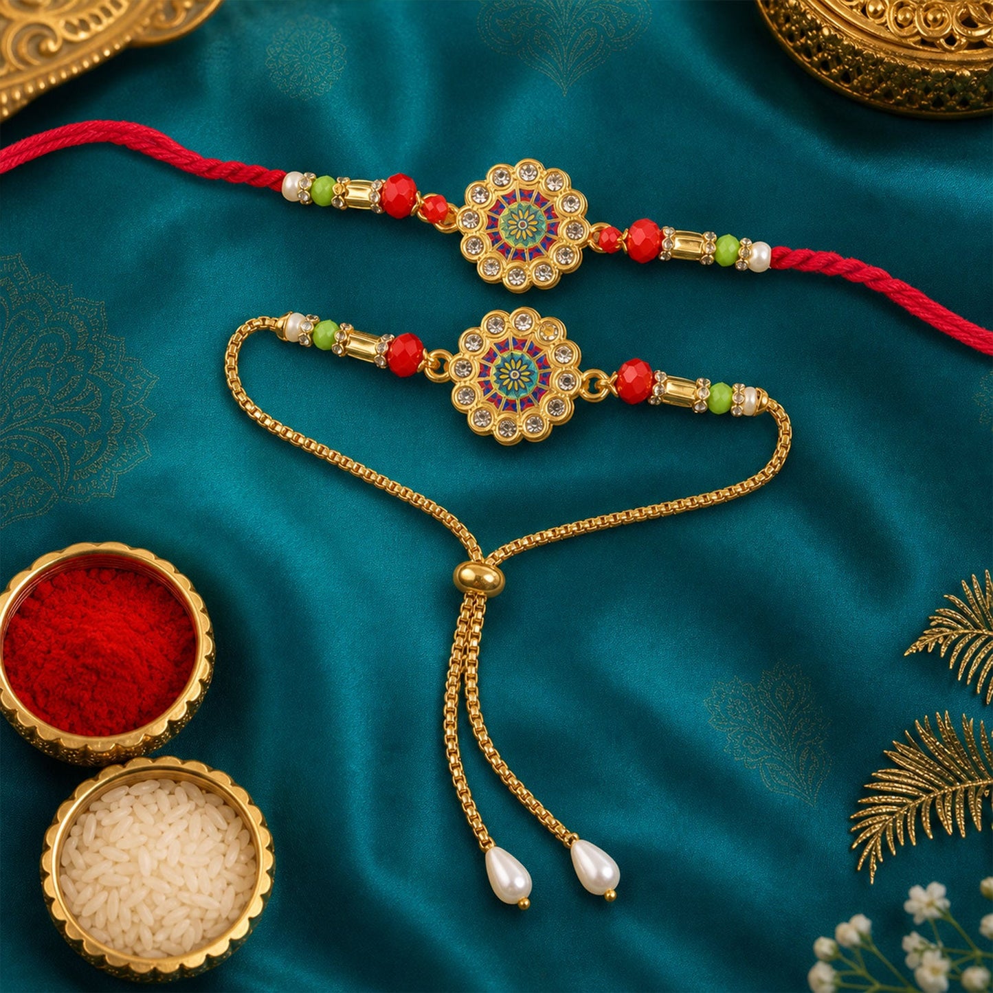 Premium Lumba Round Floral Beaded Pair Design Work Brother Rakhi
