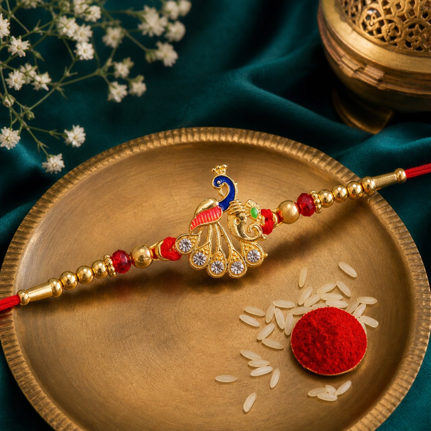 Peacock Kundan Stone Beaded Elegant Pattern Rakhi for Brother