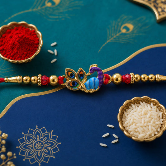 A red and gold bracelet with a peacock charm, red beads, and gold accents rests on a blue and teal surface with gold feather