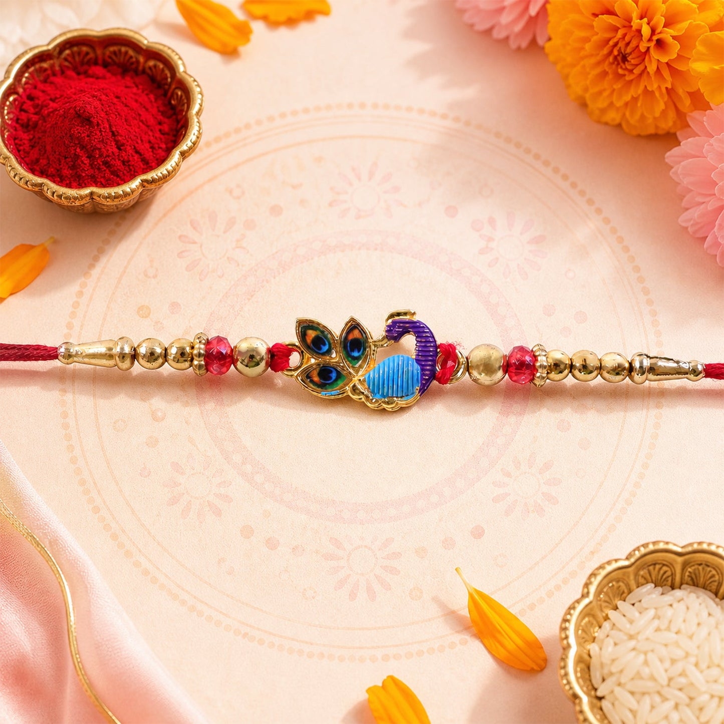 Peacock Stone Kundan Beaded Ornamental Motif Pattern Brother Rakhi