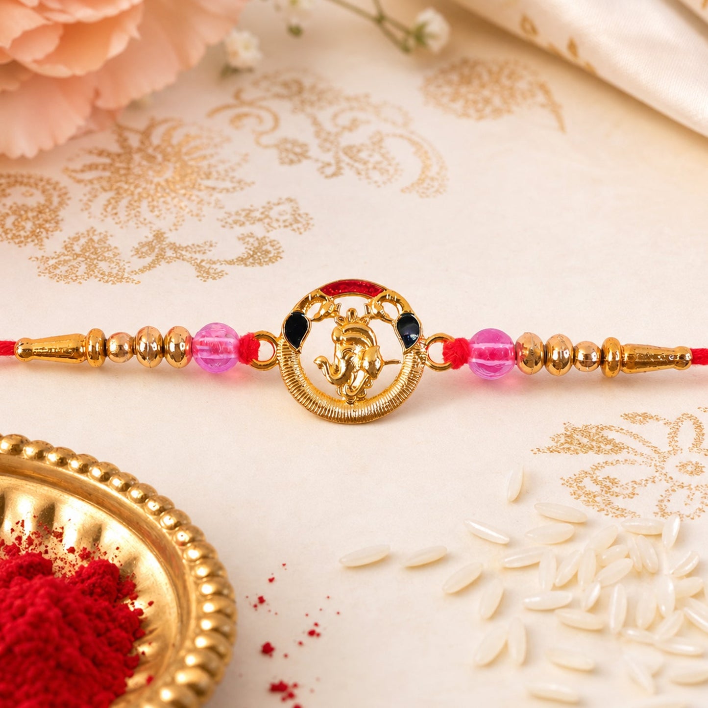 Round Ganesha Kundan Beaded Sacred Motif Pattern Traditional Rakhi