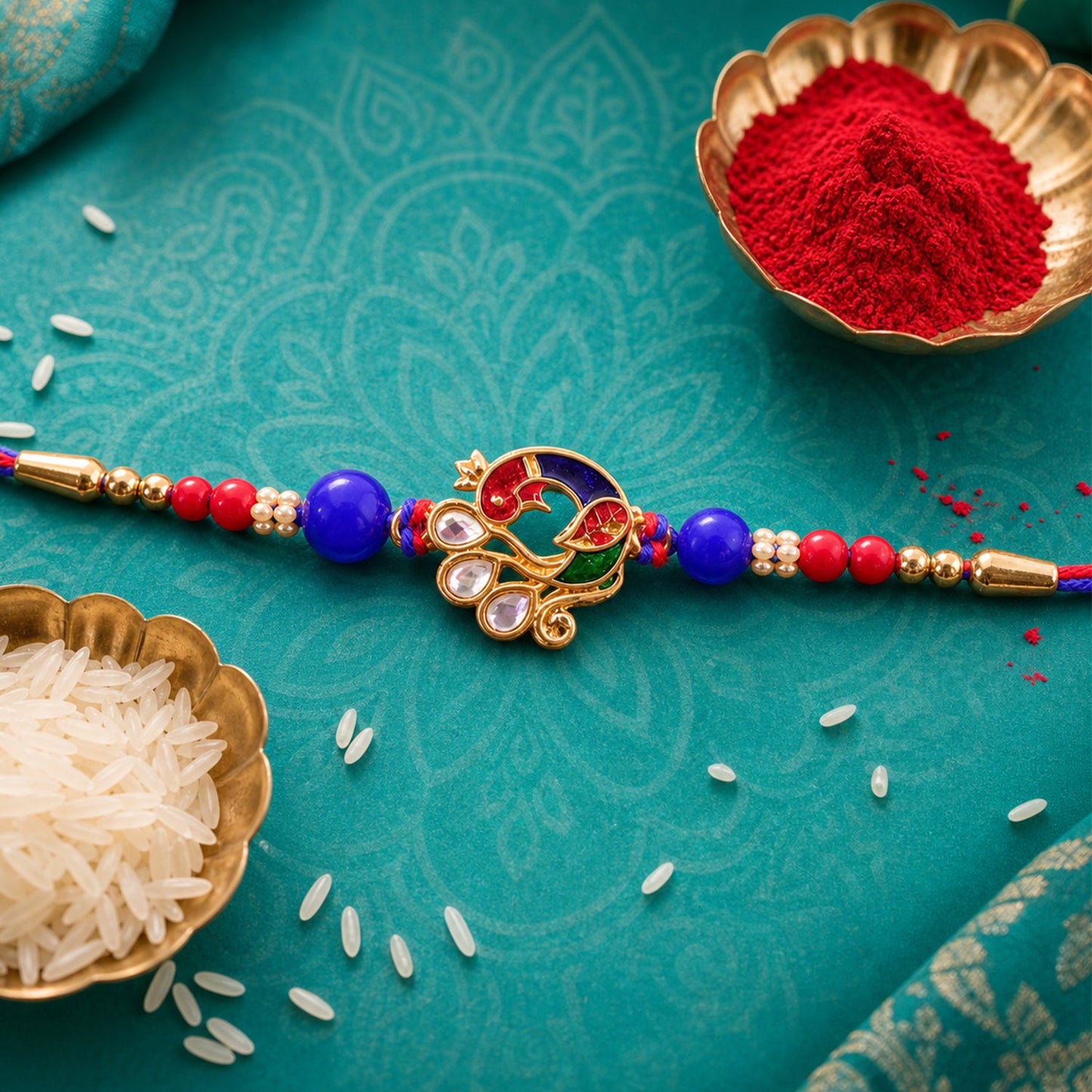 Peacock Floral Kundan Beaded Elegant Pattern Work Designer Rakhi