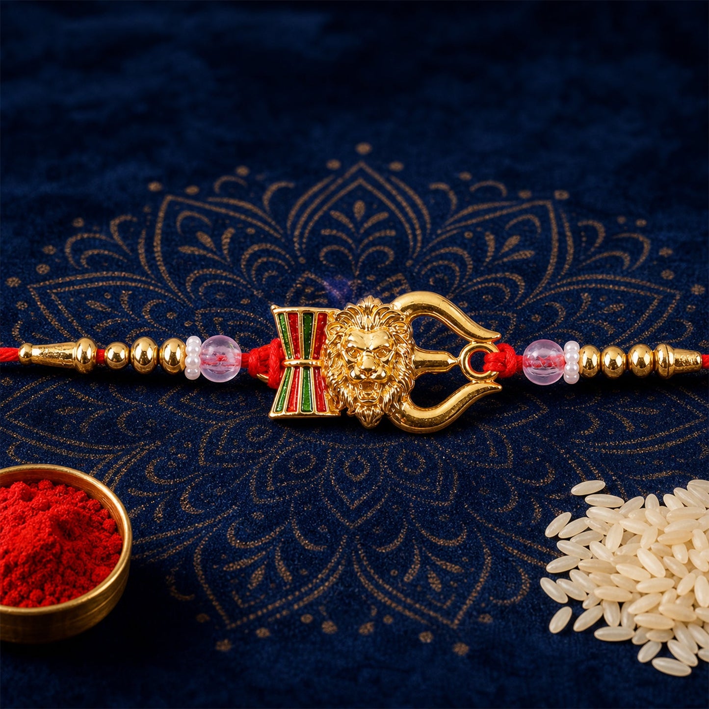 Damaru Trishul Lion Motif Kundan Beaded Devotional Charm Rakhi for Brother