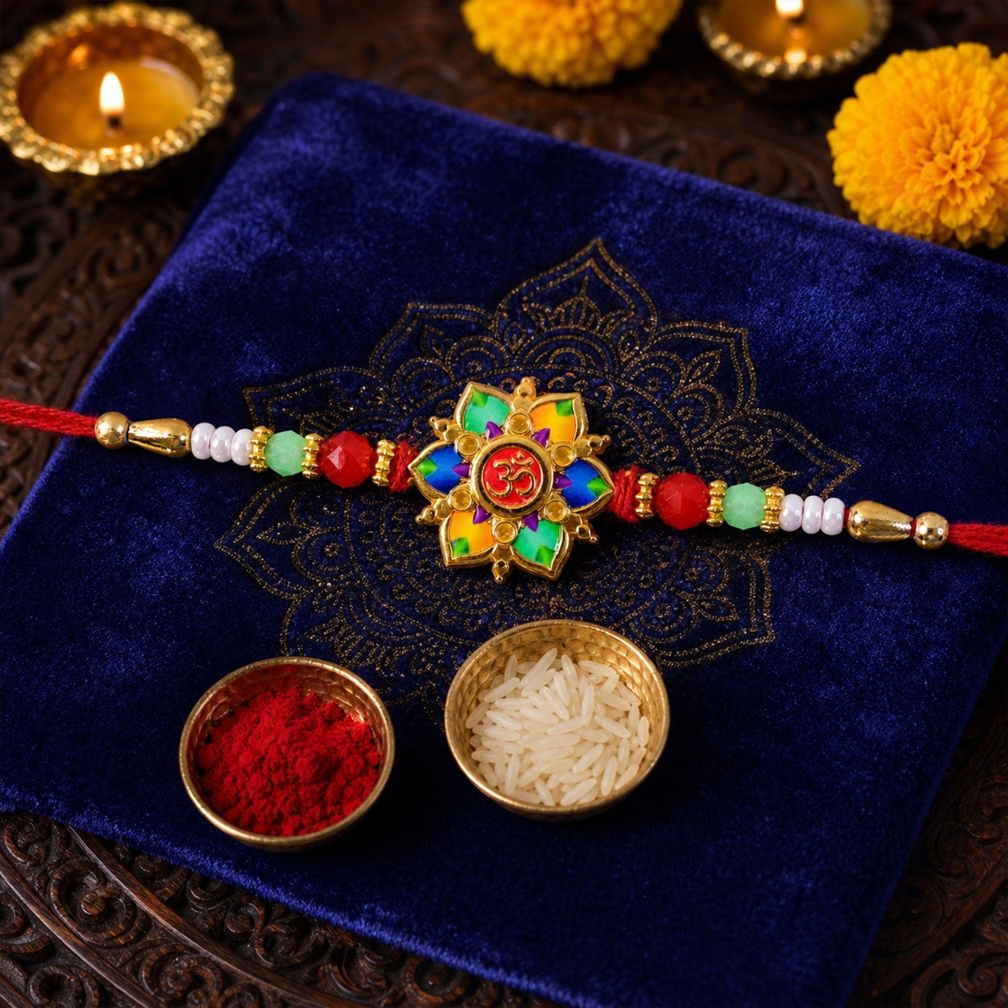 A colorful lotus and Om design, with red, green, and white beads on a red thread, is centered on a dark blue velvet cloth