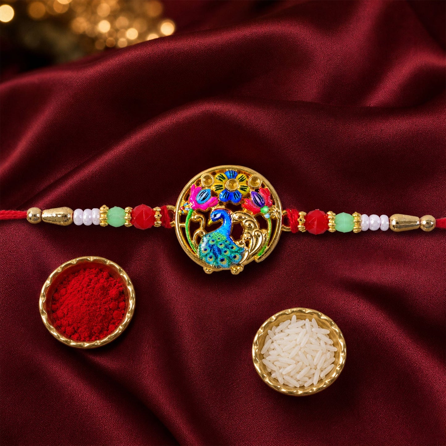 A gold-colored peacock and floral design on a red thread with colorful beads, next to small bowls of red powder and white