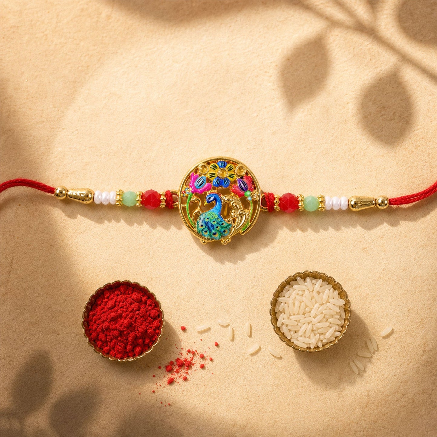 A vibrant peacock and floral bracelet with red, green, and white beads lies on a textured beige surface with small bowls of