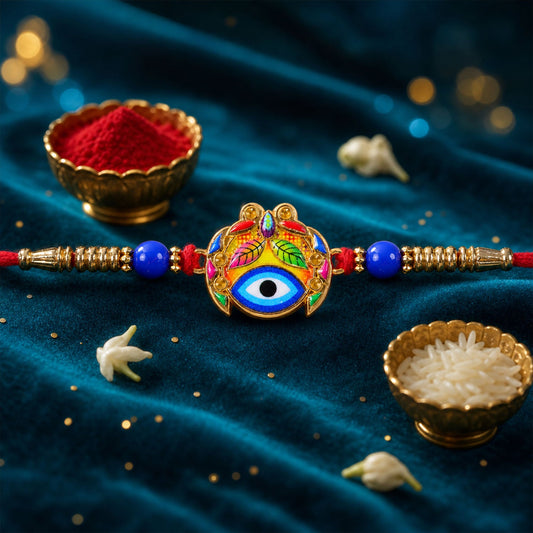 A vibrant Evil Eye Rakhi with a blue eye motif and colorful leaves, flanked by blue beads and gold accents on a red thread,