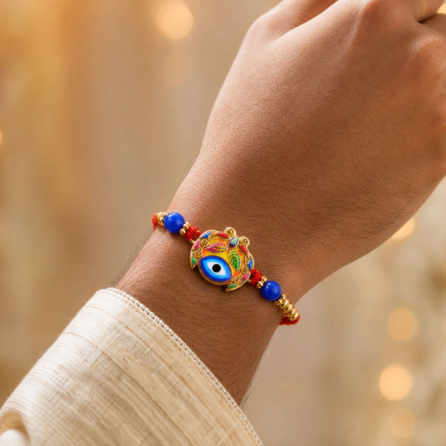 A man's wrist wears the Evil Eye Rakhi, which has a blue eye and vibrant leaf pattern, with blue beads and gold details on a