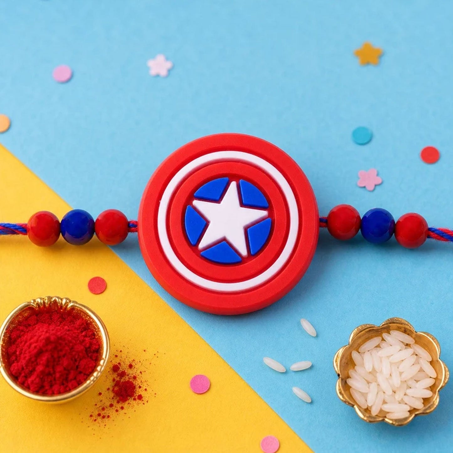 Superhero Shield Rakhi with Water Bottle Gift Combo - Kids Rakhi, Silver-Plated Coin, Roli Chawal & Greeting Card