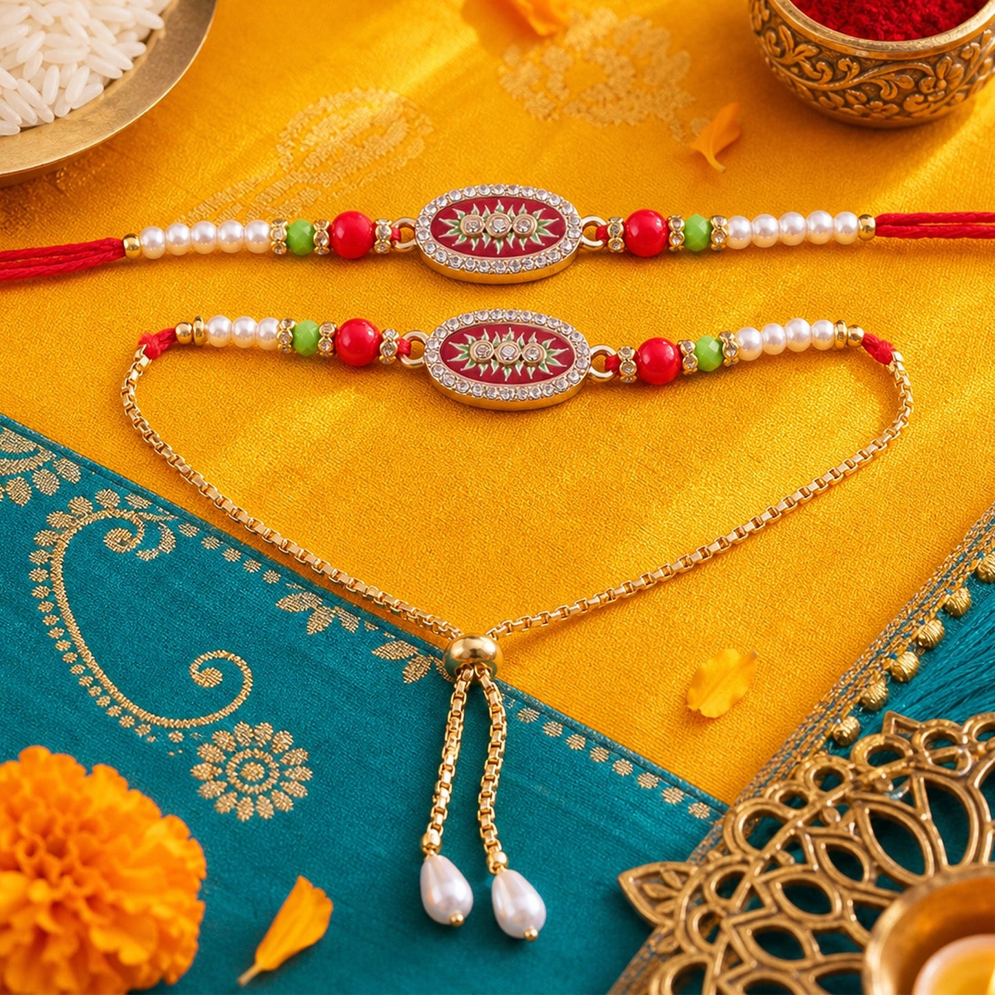 Two red and gold beaded bracelets with oval centers and pearl accents lie on a vibrant yellow and teal patterned fabric.