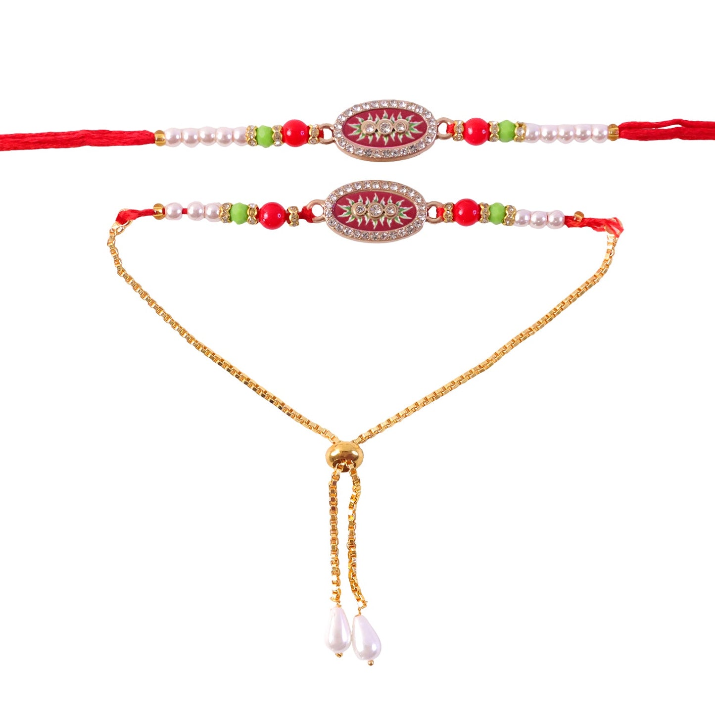 A pair of red, gold, and pearl beaded bracelets with oval centers are presented against a plain white background.