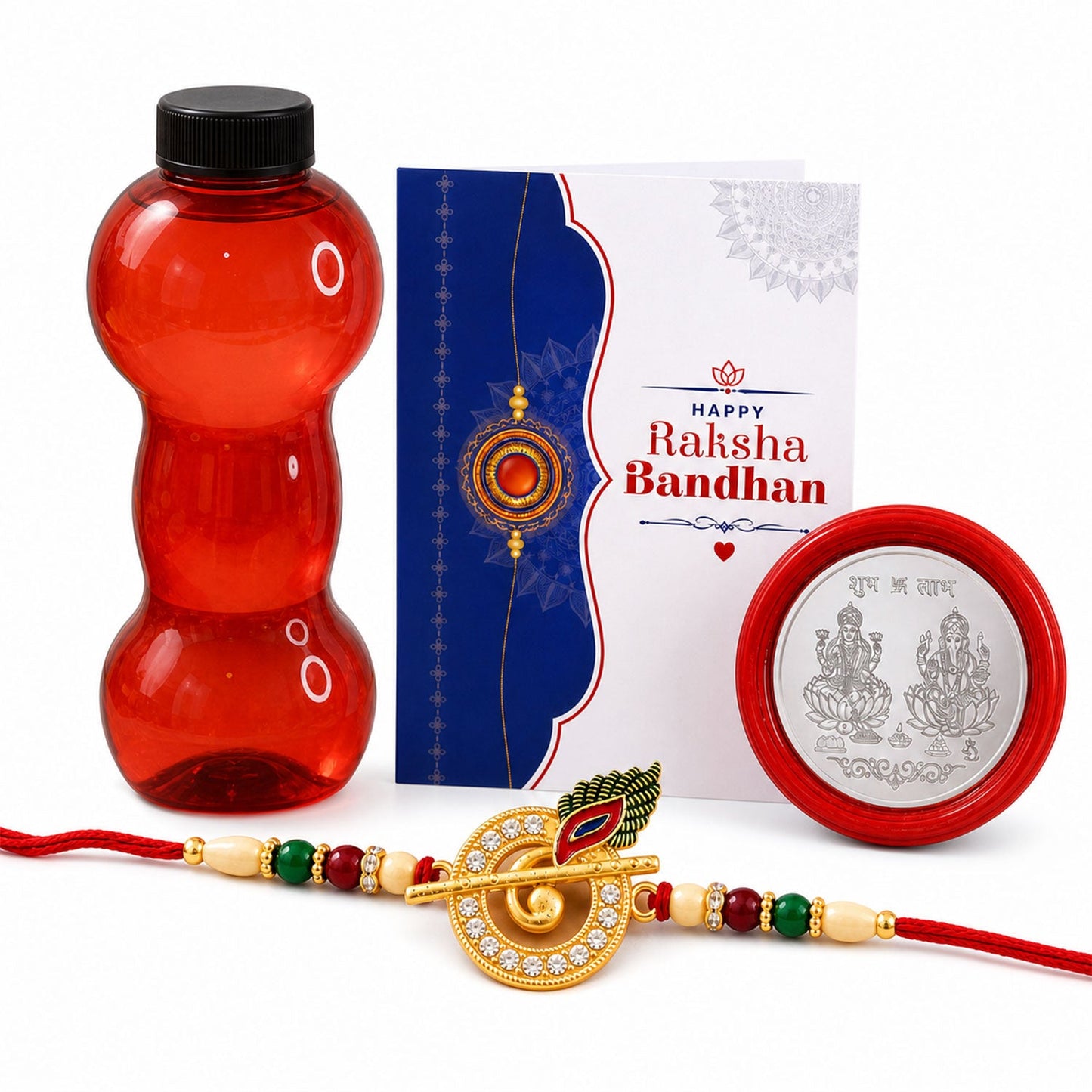 Traditional Peacock Design Rakhi with Water Bottle Gift Combo - Gold-Plated AD Stone Rakhi, Silver-Plated Coin, Roli Chawal & Greeting Card