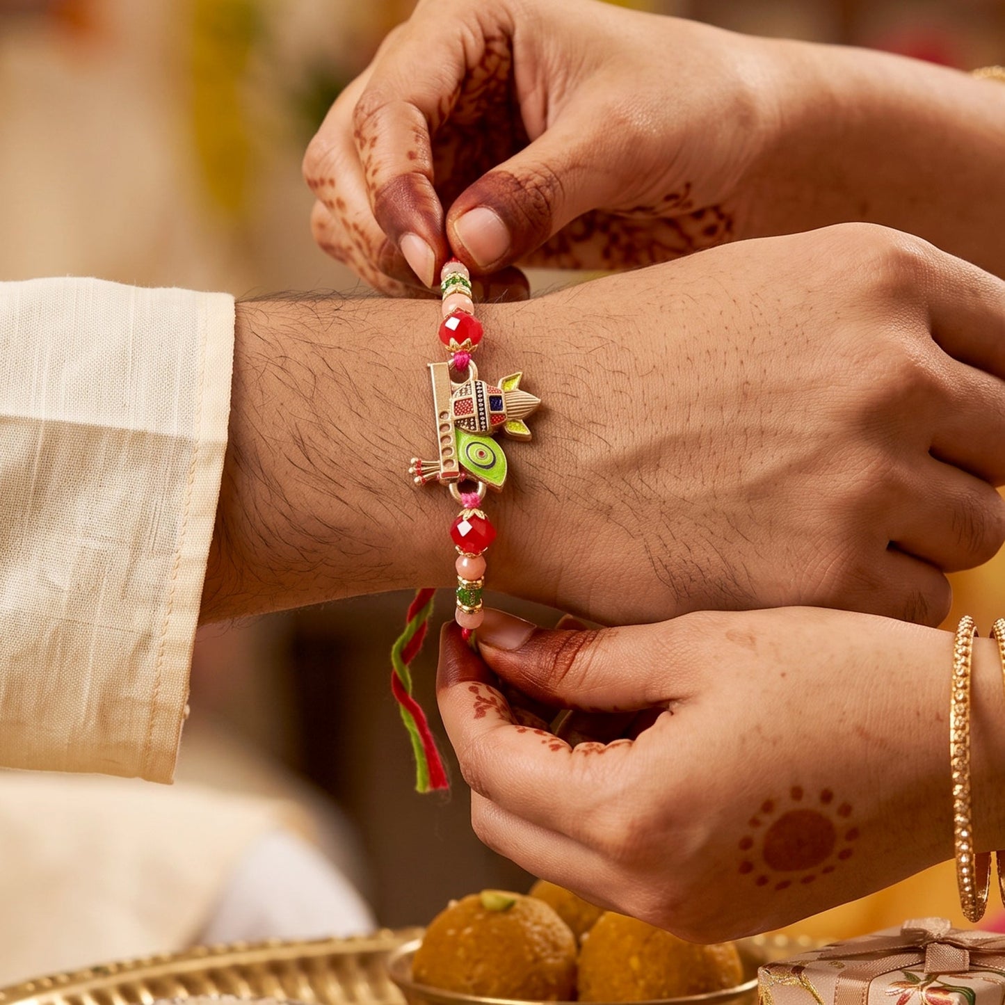 A woman's hands with henna are tying a colorful Kalash motif bracelet onto a man's wrist, with sweets in the background.