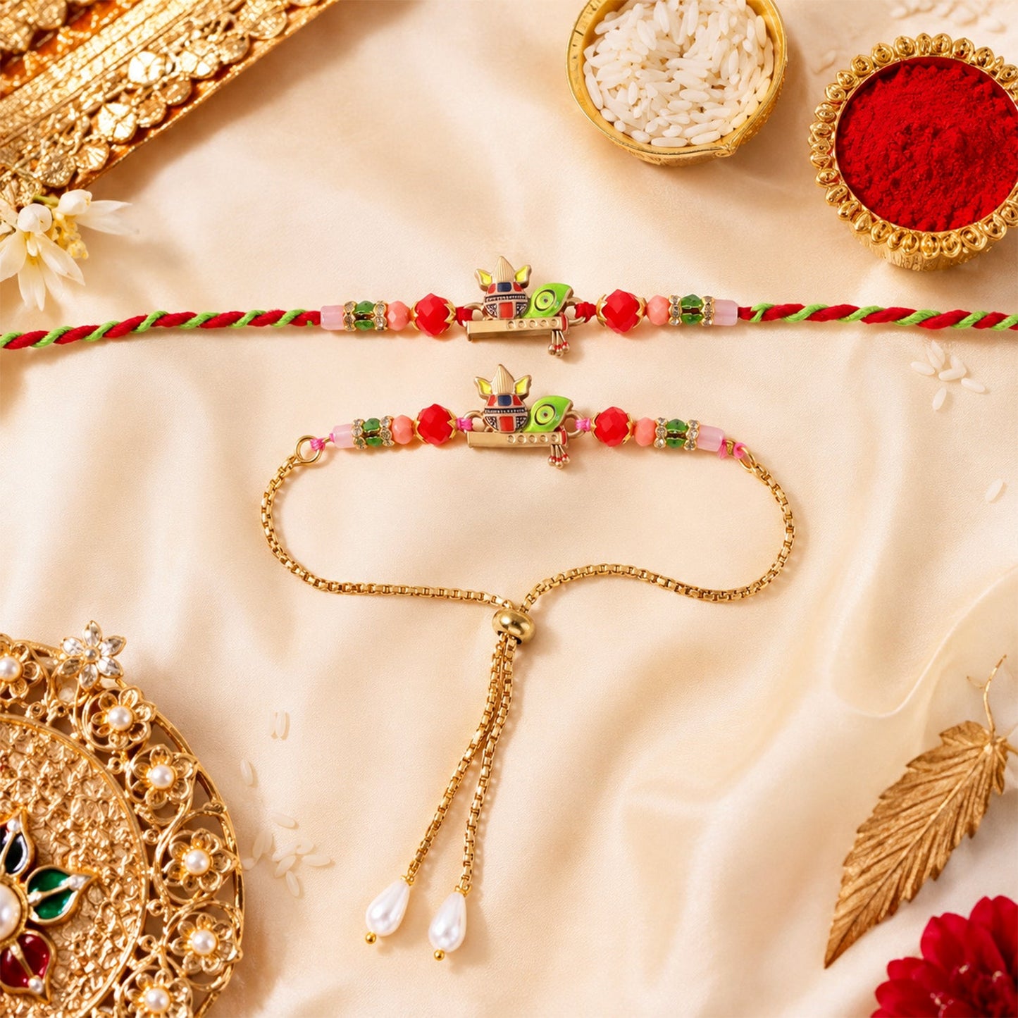 The Kalash motif bracelet set, featuring red and green beads, is arranged on a cream silk cloth with decorative elements.
