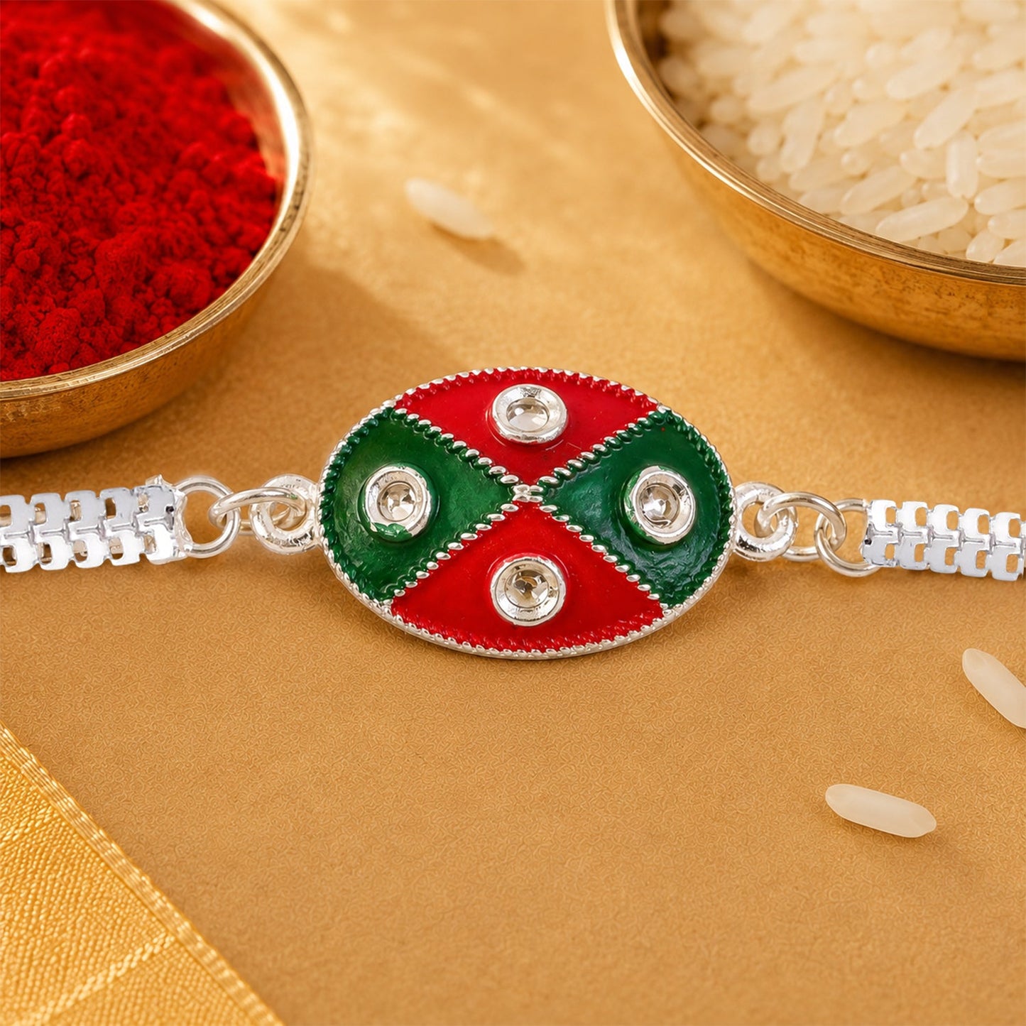 Oval Meenakari Enamel Kundan Cross Pattern Silver Chain Designer Rakhi