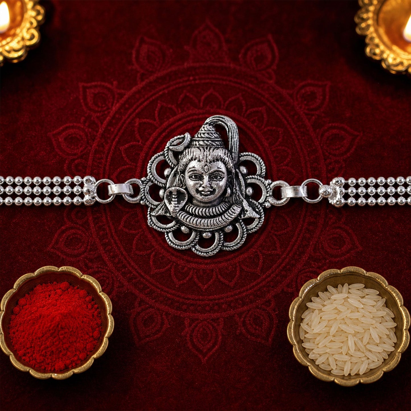 Mahadev Shivling Trishul Enamel Crystal Silver Chain Designer Rakhi