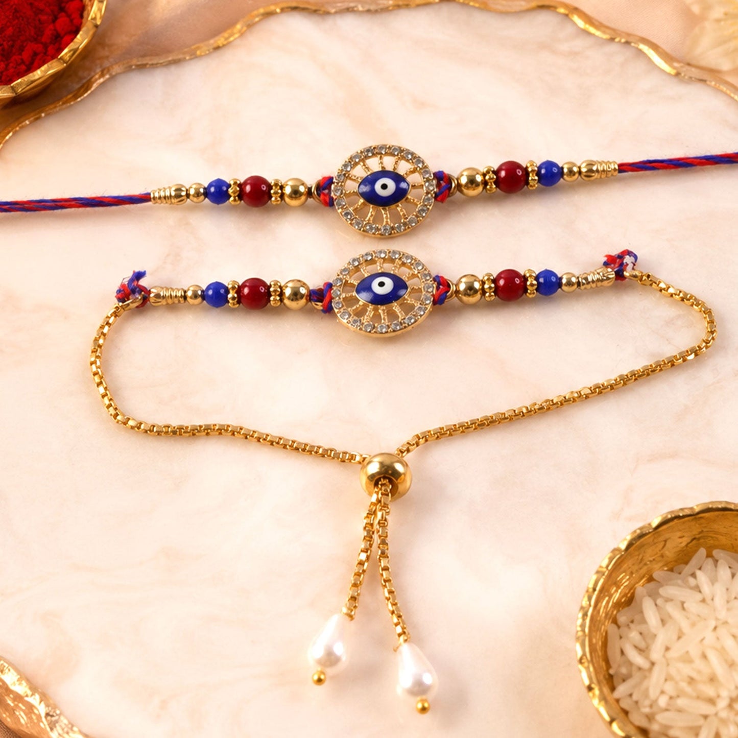 Premium Evil Eye Beaded Lumba Set Pattern bhai bhabhi Rakhi
