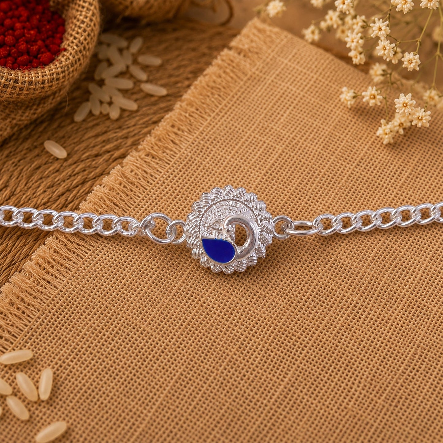 Round Peacock Motif Chain Style Classic Stone Pattern Rakhi for Brother