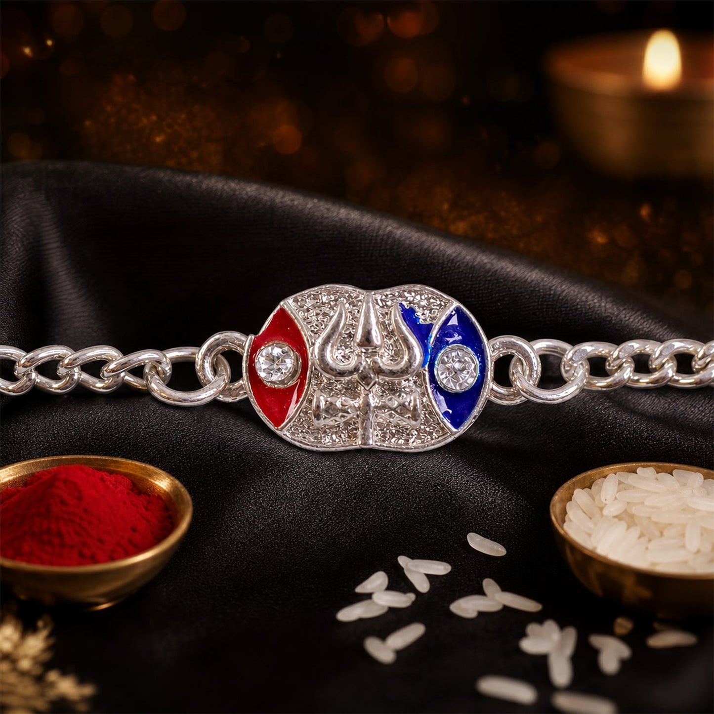 Shiv Trishul Enamel Crystal Stone Silver Chain Designer Rakhi