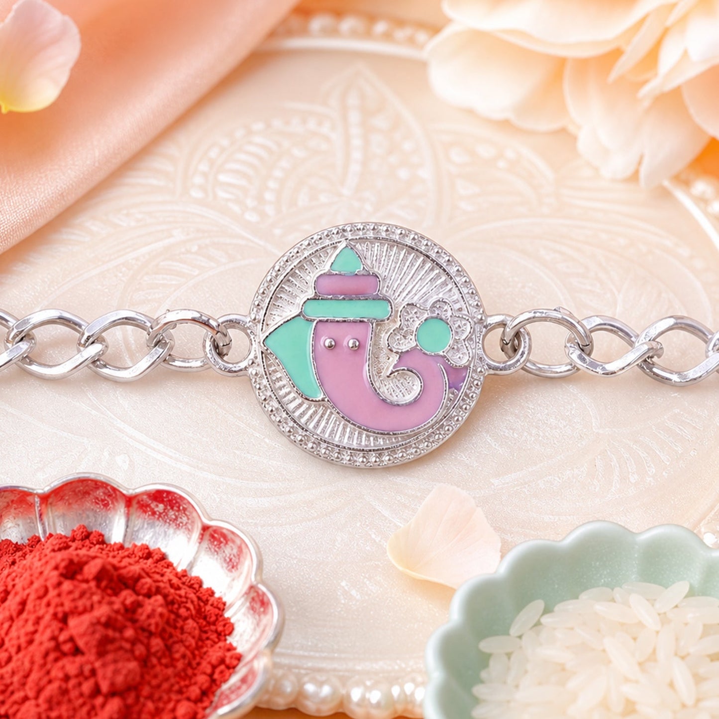 Round Ganesha Chain Style Sacred Motif Pattern Rakhi Raksha Bandhan Gift