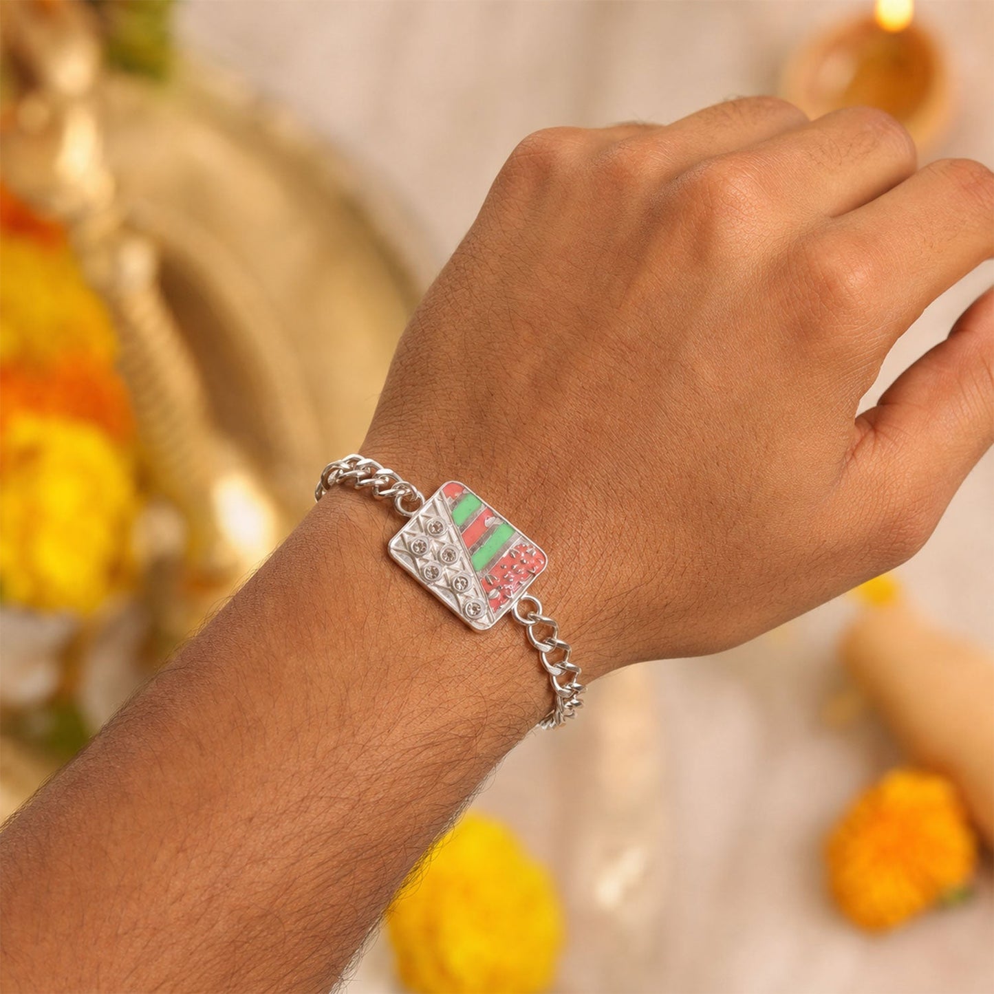 Rectangular Kundan Chain Style Festive Motif Pattern Brother Rakhi